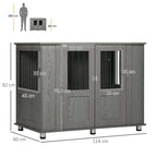 Grey dog crate table with magnetic front double door and overall size layout