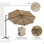Khaki hanging umbrella parasol with vented canopy and eight support ribs