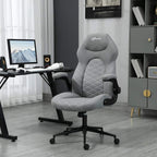 Light grey padded office chair with quilted back, flip-up armrests, swivel seat and base