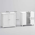 White under-sink cabinet with two doors, shown front view and open side storage