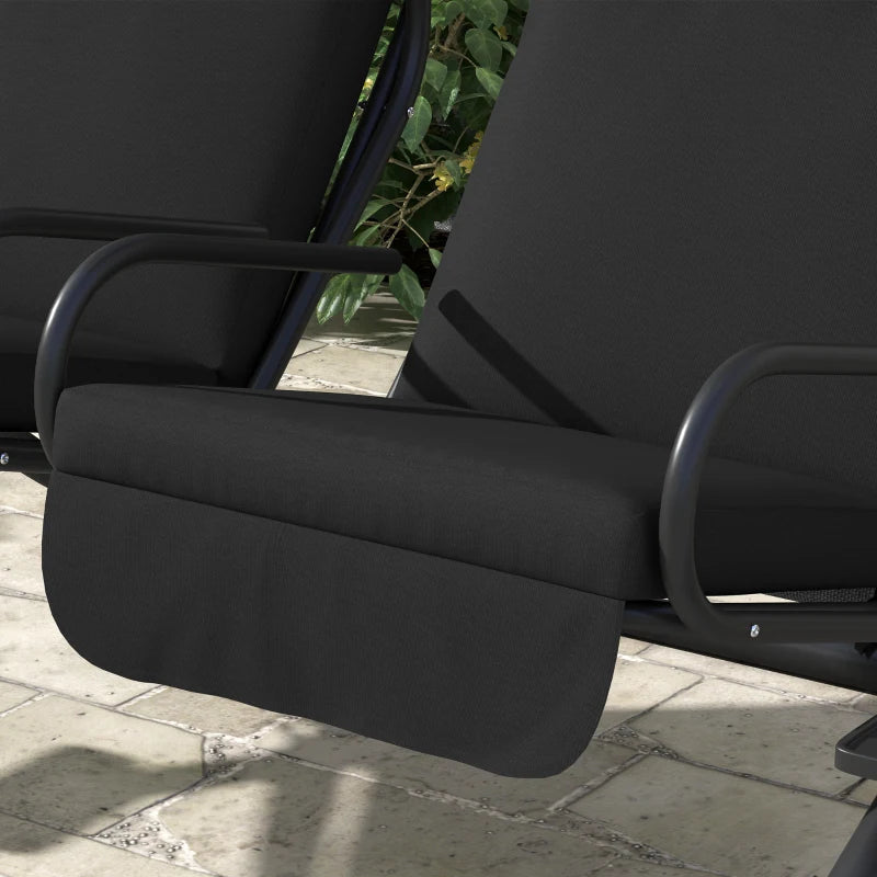 Black padded seat and armrest of a two-seat garden swing chair