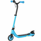 Blue foldable kids electric scooter with black handlebars and rubber foot deck