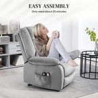 Grey velvet-look lift-and-recline massage armchair with side pocket and relaxed pose
