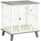 Grey dog crate end table with soft cushion, white bars, lockable front door