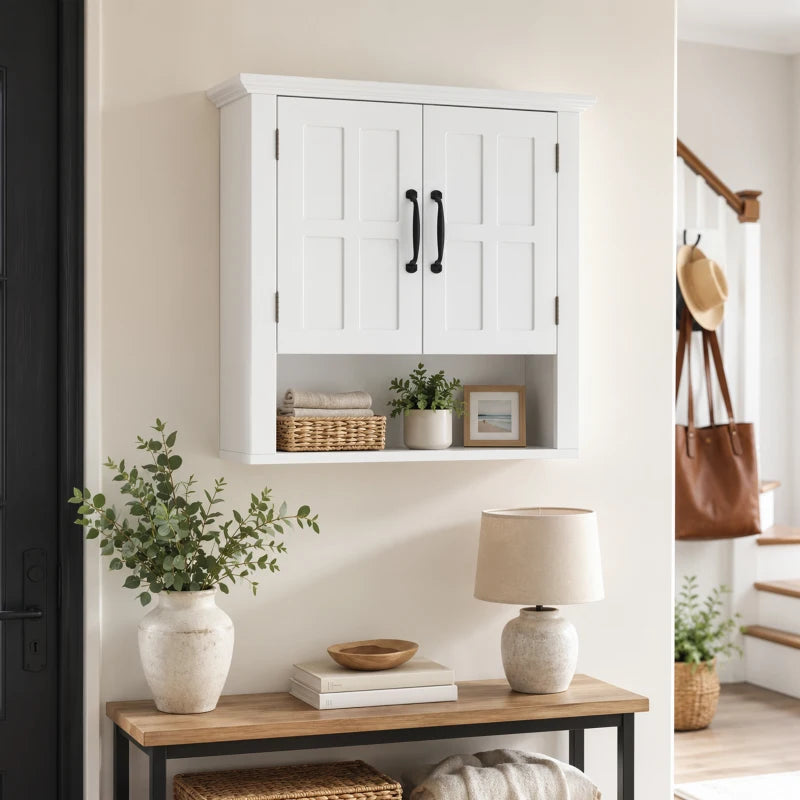 White wall cabinet with 2 paneled doors, interior shelves holding baskets and decor