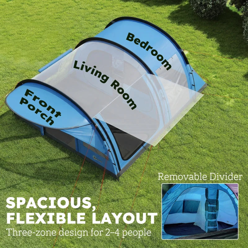 Sky blue and grey tunnel tent showing front, living area, and bedroom compartments