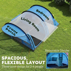 Sky blue and grey tunnel tent showing front, living area, and bedroom compartments
