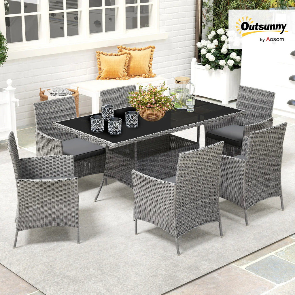 Outsunny 7-Piece Rattan Garden Set with Cushions, 6-Seater Garden Table and Chairs, Rattan Dining Set with 6