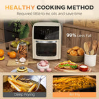 Cream air fryer oven with fries tray and roasted foods on the counter
