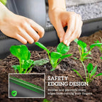 Hands planting seedlings in a dark grey metal raised bed with safety edging seal