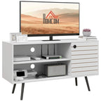 White TV storage unit with striped door and open shelving compartments.