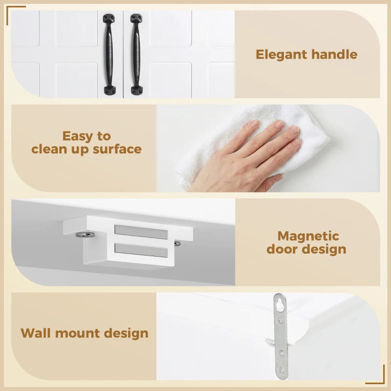White wall cabinet features magnetic door design, easy-clean surface, wall-mount hinges