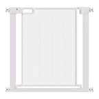 White pet safety gate with mesh panel and metal frame