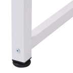 White desk leg detail with round screw and black anti-slip foot