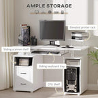 White computer desk with sliding keyboard tray, CPU shelf, and sliding scanner shelf
