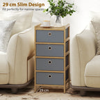 Slim narrow chest of drawers with bamboo frame and four light grey drawers