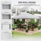 White pop-up gazebo with gray sidewalls shown on both sides over a patio deck