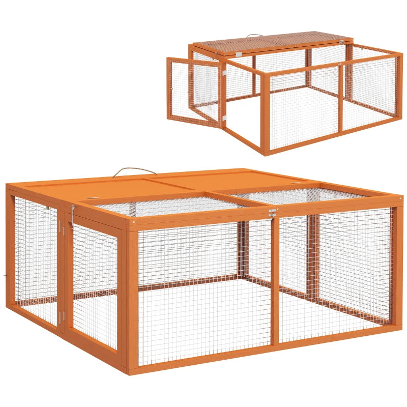 Orange wooden rabbit hutch with wire mesh sides and front gate.