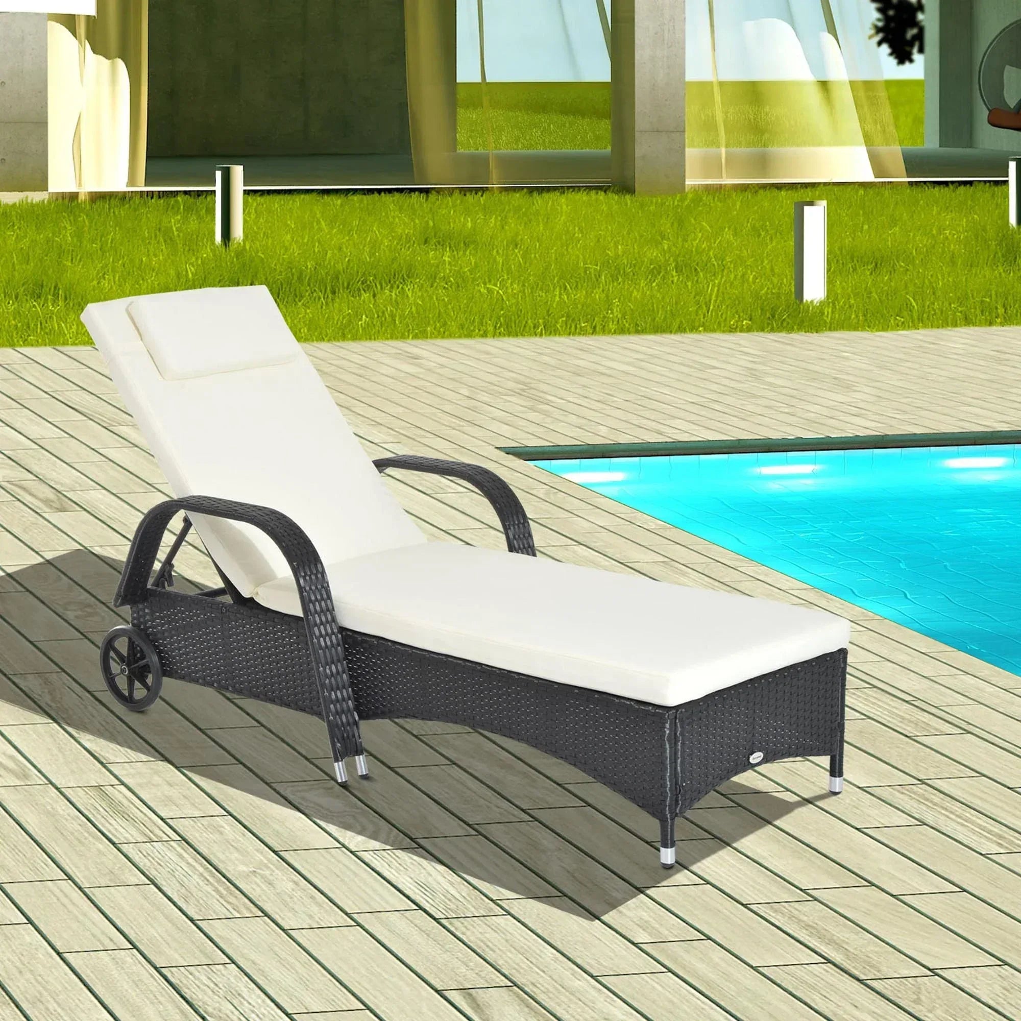 Rattan Sun Lounger, Garden Lounger Recliner with Wheels and Adjustable Backrest, Outdoor Reclining Sunbed Garden Chair with Cushion and Headrest for Patio, Beach, Terrace, Black - Bobobiy