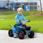 Blue kids electric quad bike with black seat, large knobby wheels and handle grips