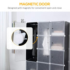 Modular wardrobe cabinet with magnetic door closure, open cube compartments with hanging rail