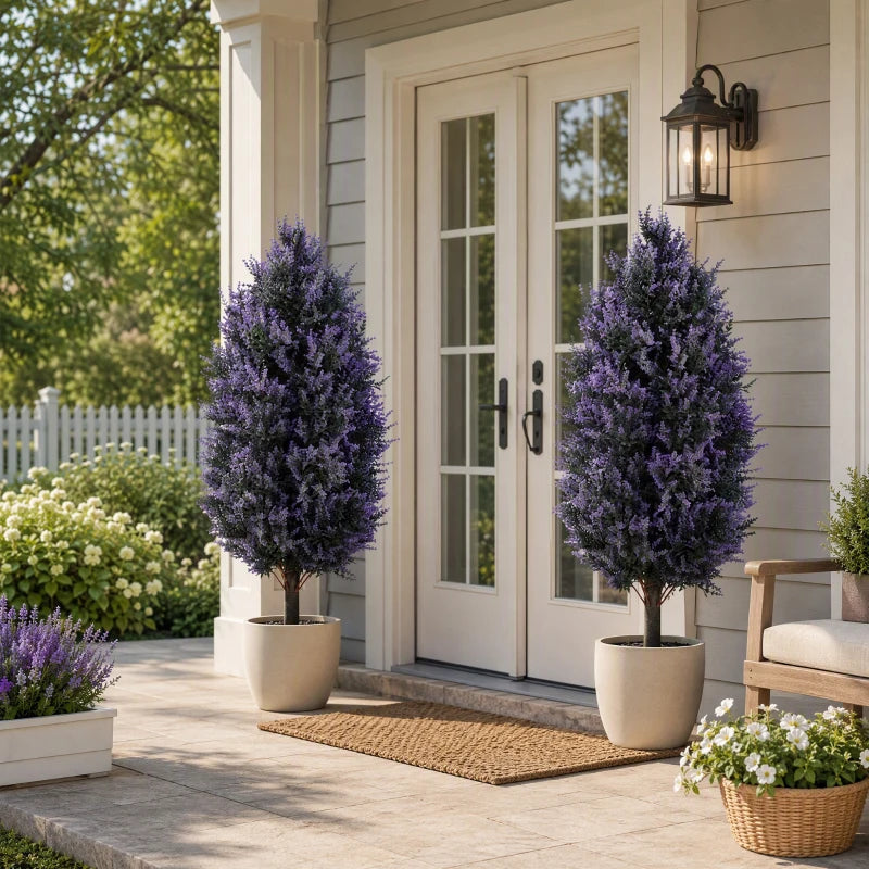 Set of 2 artificial lavender plants with purple blooms in white pots on outdoor porch
