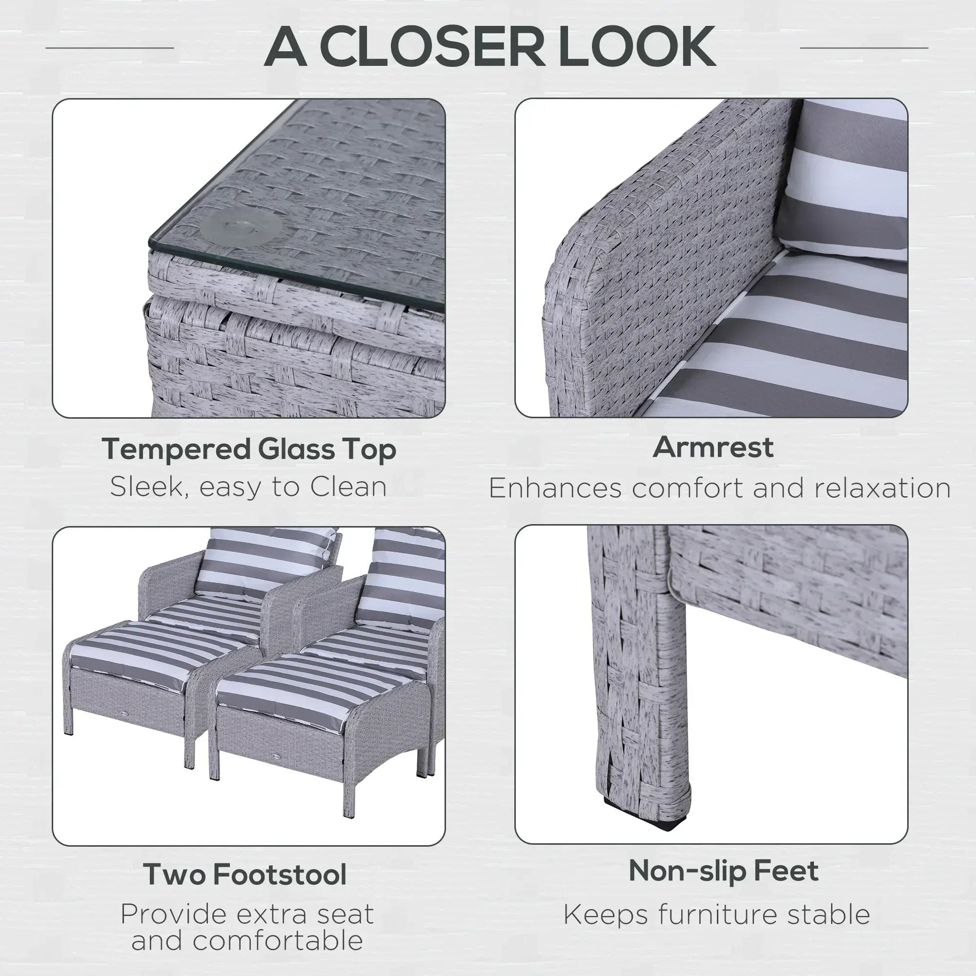 5 Pieces PE Rattan Garden Furniture Set with 10cm Thick Padded Cushions, Wicker Weave Outdoor Seating Chairs with 2 Armchairs, 2 Stools, Glass Top Table, Grey and White - Bobobiy