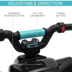 Ride-on car handlebar controls with forward/reverse button area and power switch