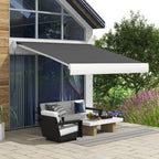 Grey electric cassette awning mounted above patio seating, fabric extended