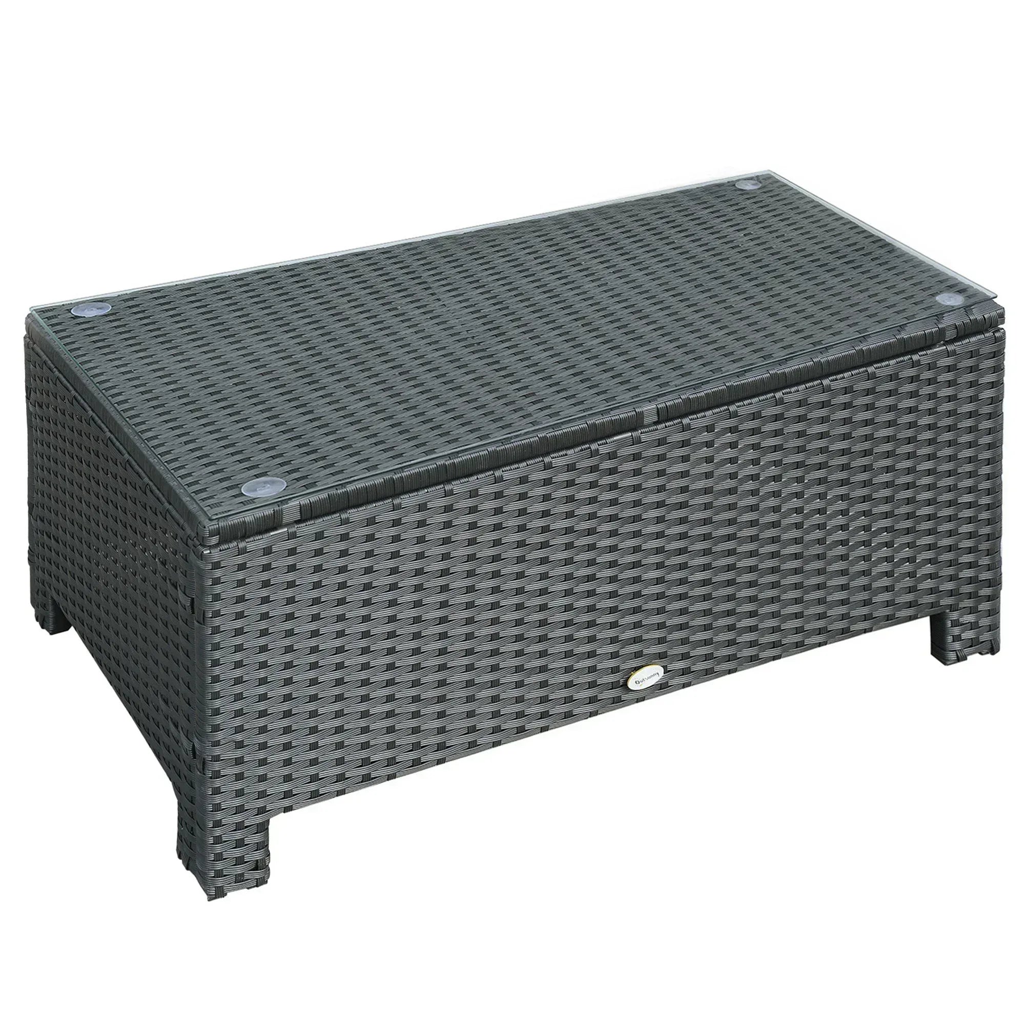 PE Rattan Coffee Table, Rectangular Outdoor Coffee Table with Tempered Glass Top, 70 KG Capacity for Garden, Balcony, Terrace, Patio, Black - Bobobiy
