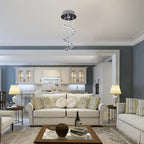 Silver crystal ceiling chandelier with dangling clear glass beads in a living area