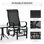 Black outdoor gliding chair with mesh back, powder-coated metal frame, durable design