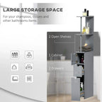 Grey bathroom storage cabinet design with two open shelves and two drawers.