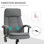 Grey office chair with lumbar massage styling, armrests, and rolling casters.
