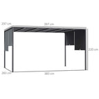 Dark grey metal pergola dimensions: 397cm x 383cm, height 220cm with retractable roof