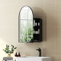 Arched black bathroom mirror cabinet with open side storage behind the mirror