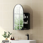 Arched black bathroom mirror cabinet with open side storage behind the mirror