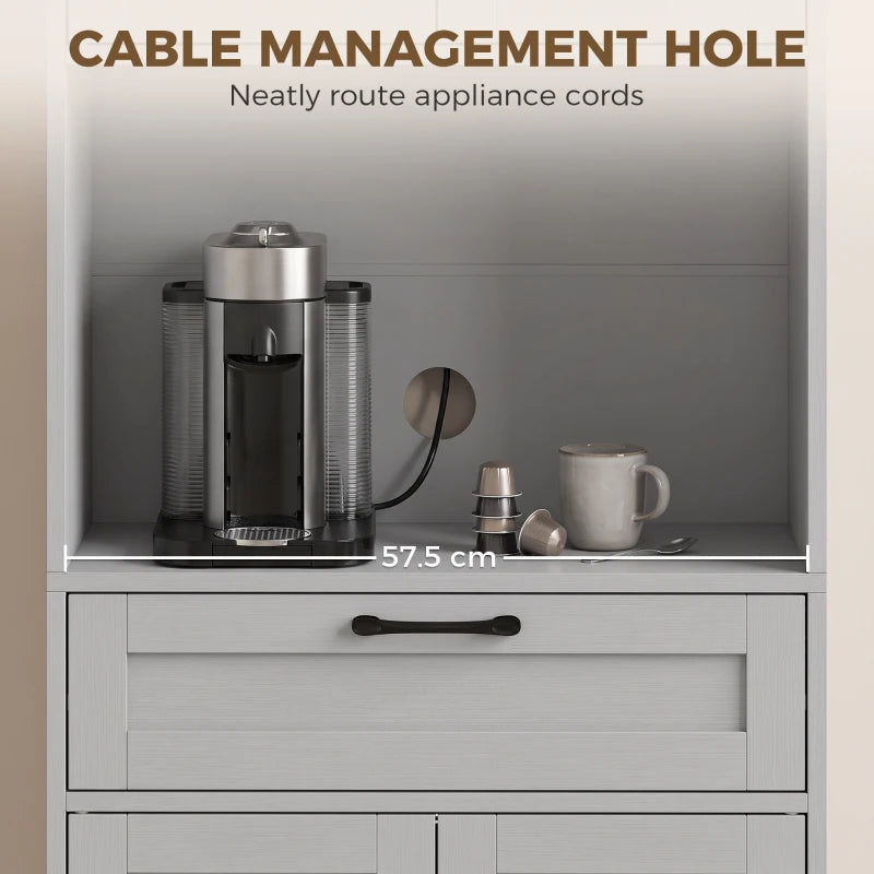Grey pantry cabinet with cable management hole for appliance cords