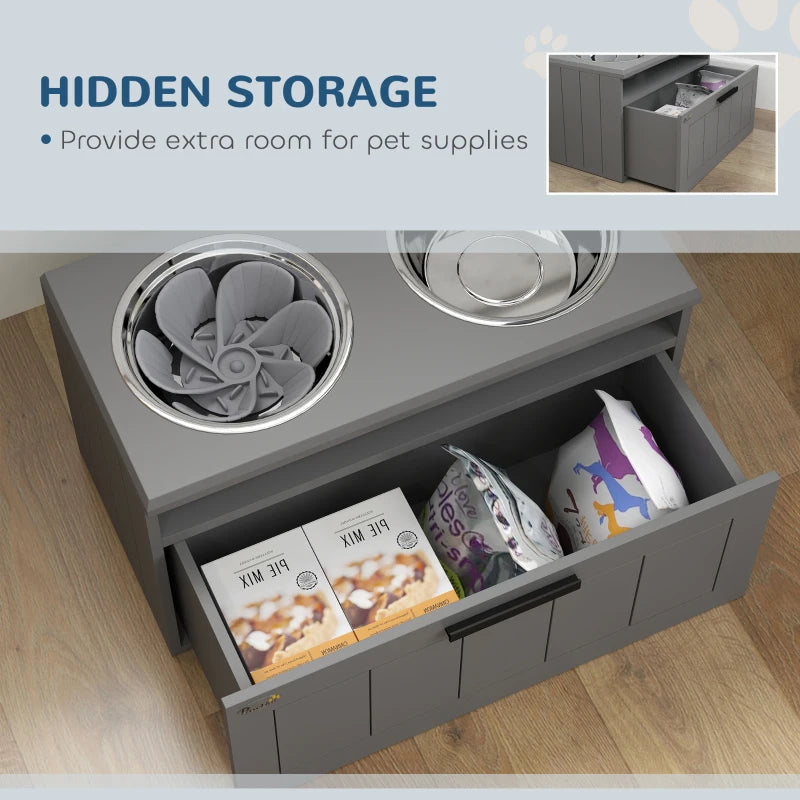 Grey raised dual dog bowl stand with hidden drawer storage compartment