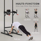 Multi-function power tower with pull-up bar, dip station, and push-up foot pads