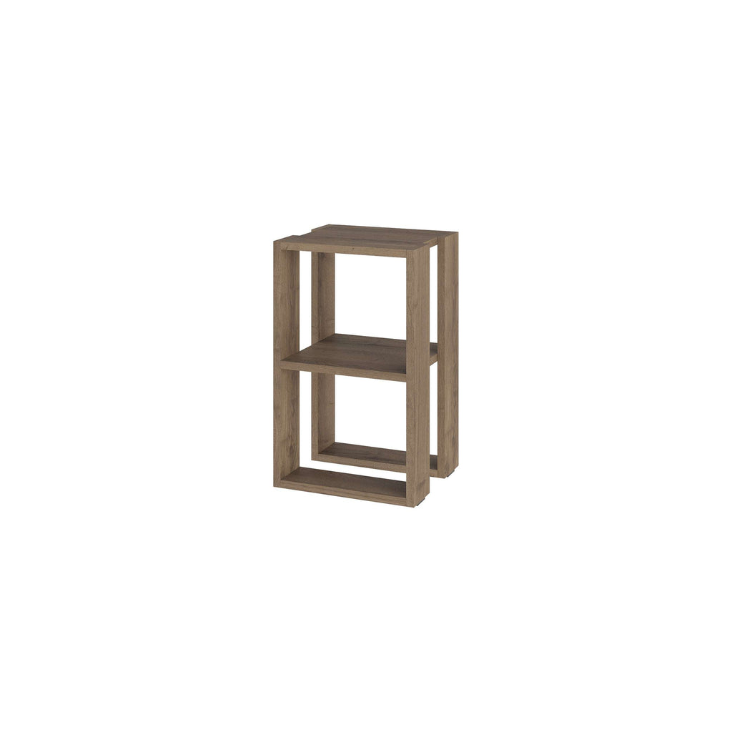 Small light oak bedside table with open shelving and squared frame