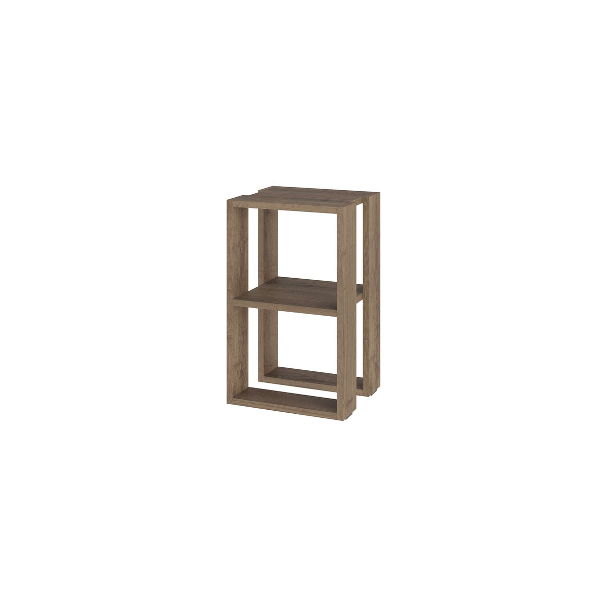Small light oak bedside table with open shelving and squared frame