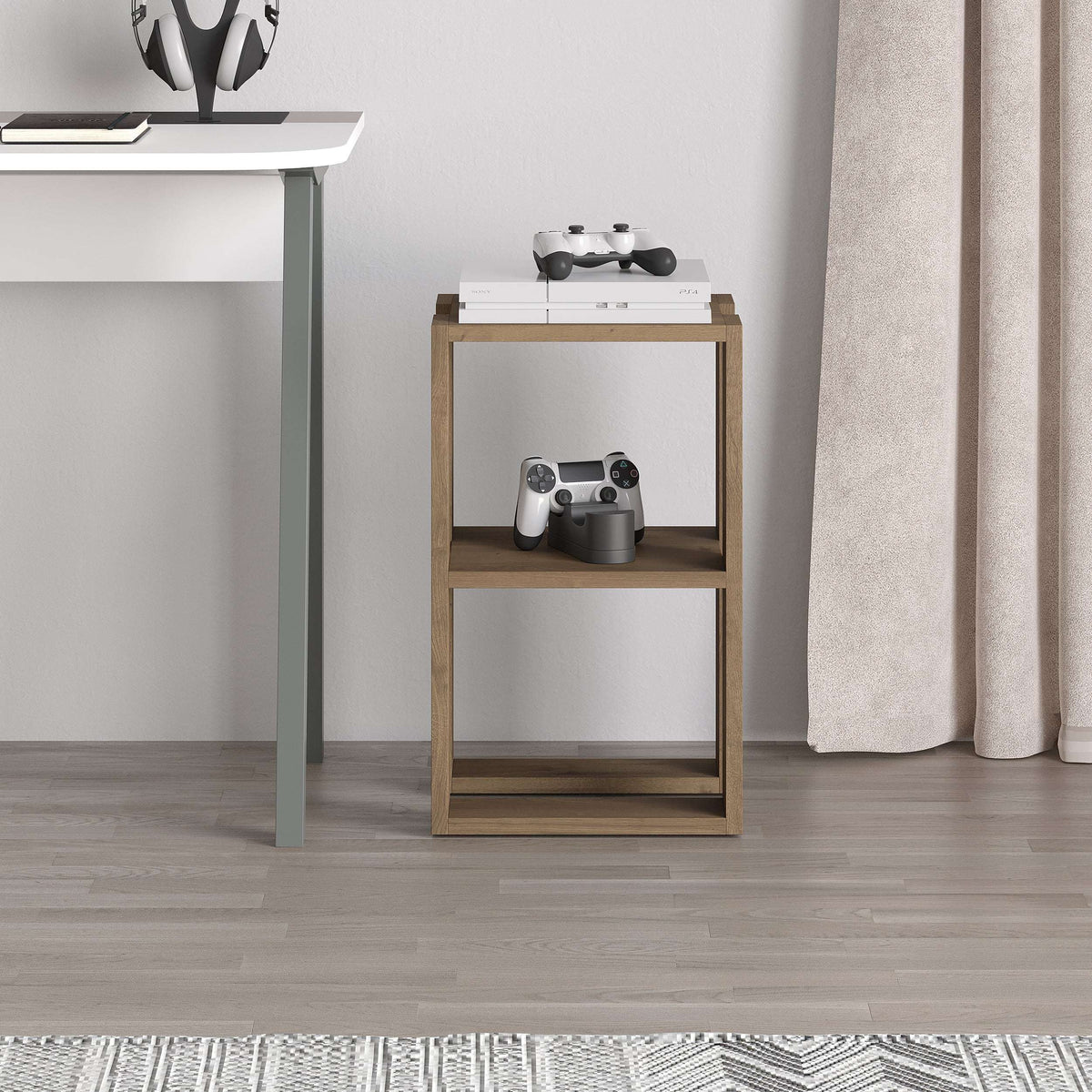 Light wood bedside table with two open shelves and simple modern frame
