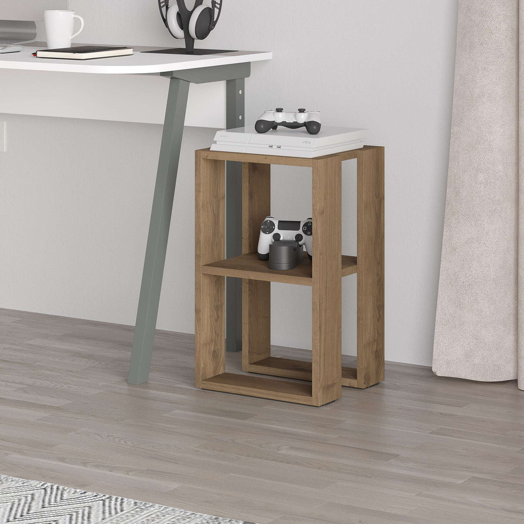 Light oak bedside table with open storage shelves and rectangular side panels