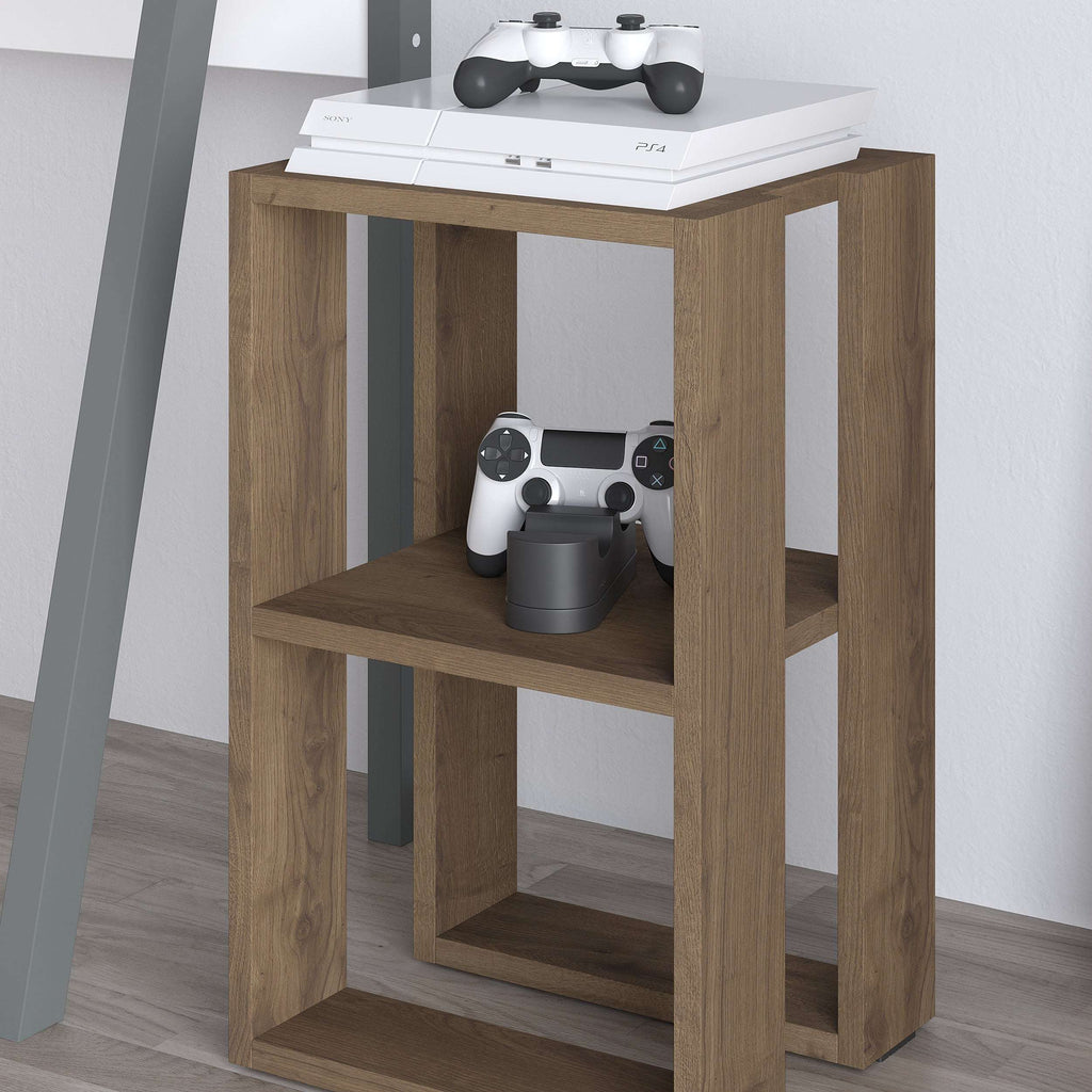 Oak-toned bedside table with two open shelves and wide top for decor