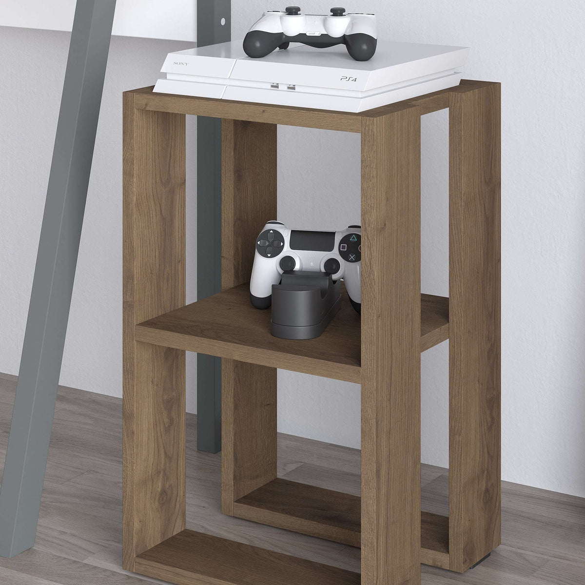 Oak-toned bedside table with two open shelves and wide top for decor