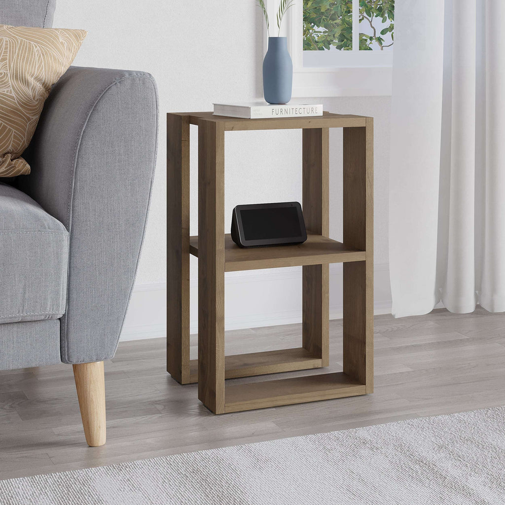 Light oak modern bedside table with open shelves and sturdy rectangular frame