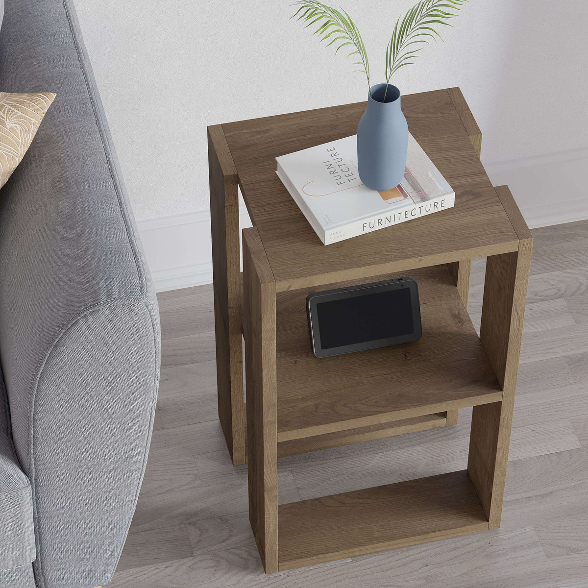 Brown wood modern bedside table with open shelves and flat tabletop