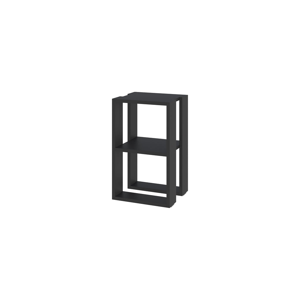 Small black bedside table with two open shelves and squared frame