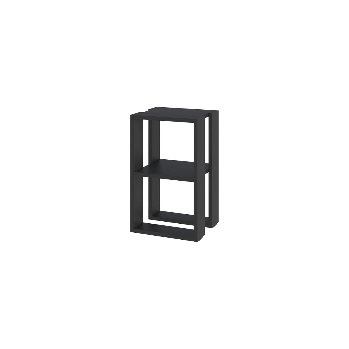 Small black bedside table with two open shelves and squared frame